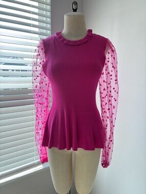 Ee:some Women’s Hot Pink Ribbed Knit Peplum Top with Sheer Polka Sleeves